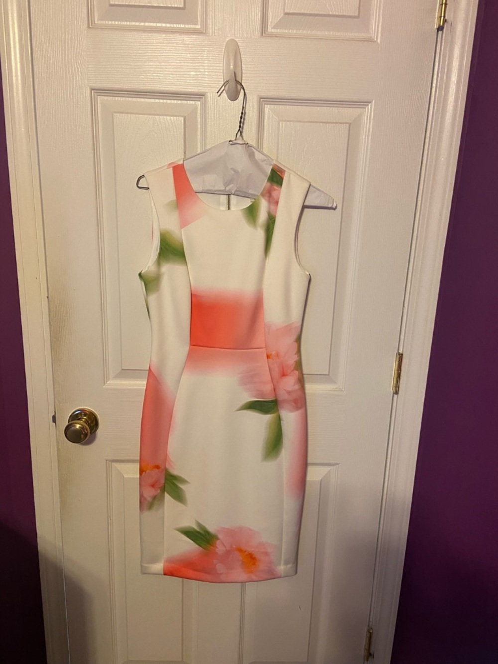 Calvin Klein White Sheath Dress with Coral and Green Floral Accents - Picture 3 of 3